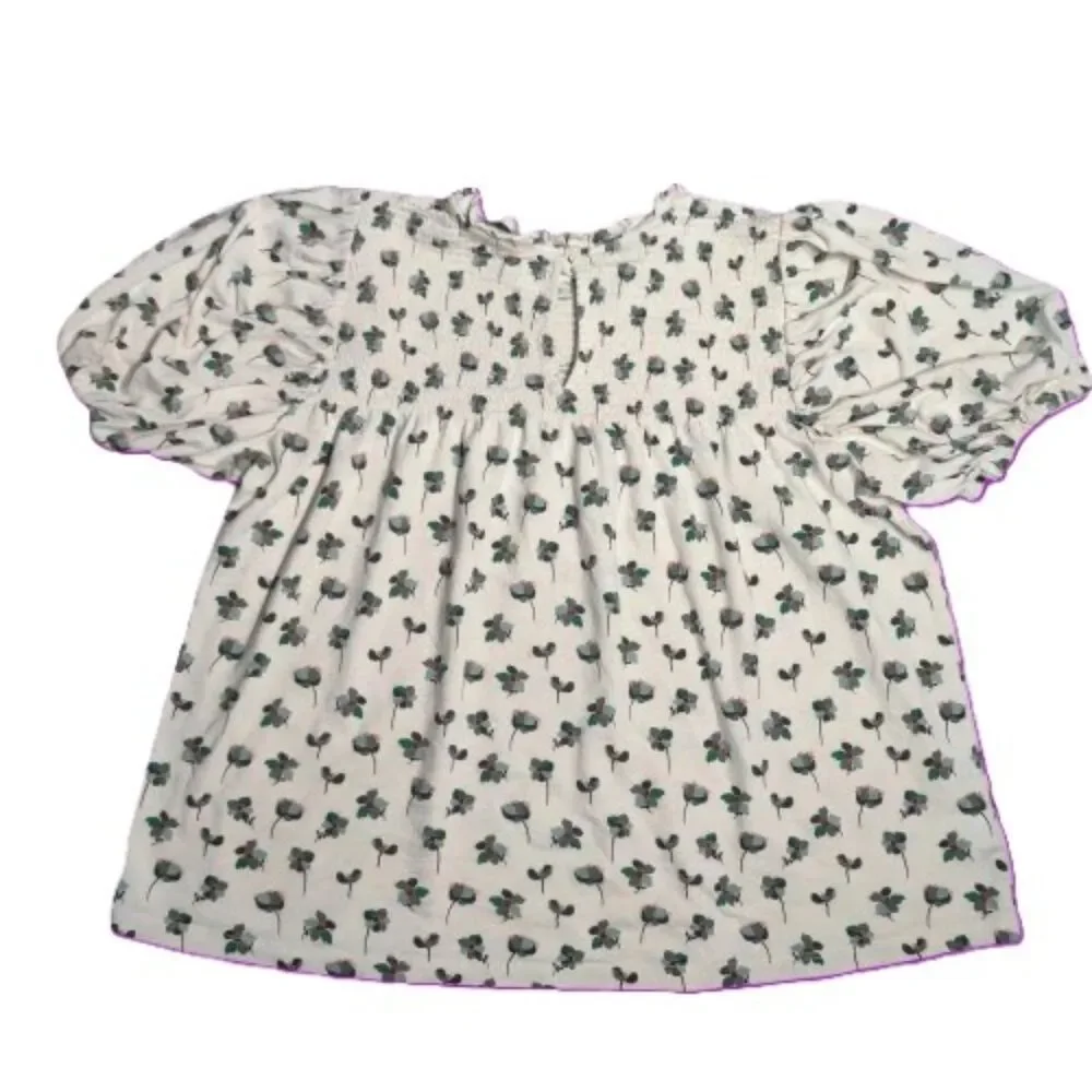 LOFT Floral Smocked Puff Sleeve Top White Green Pink Short Sleeve Blouse M